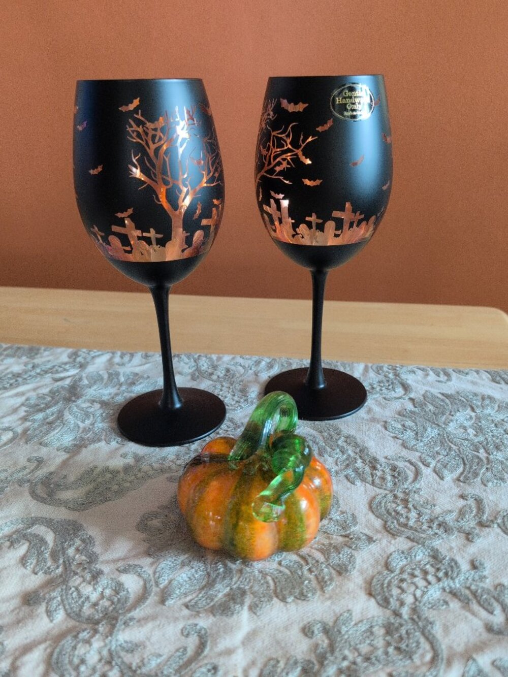 2 HALLOWEEN WINE GLASSES, ORANGE & BLACK GRAVEYARD NWT